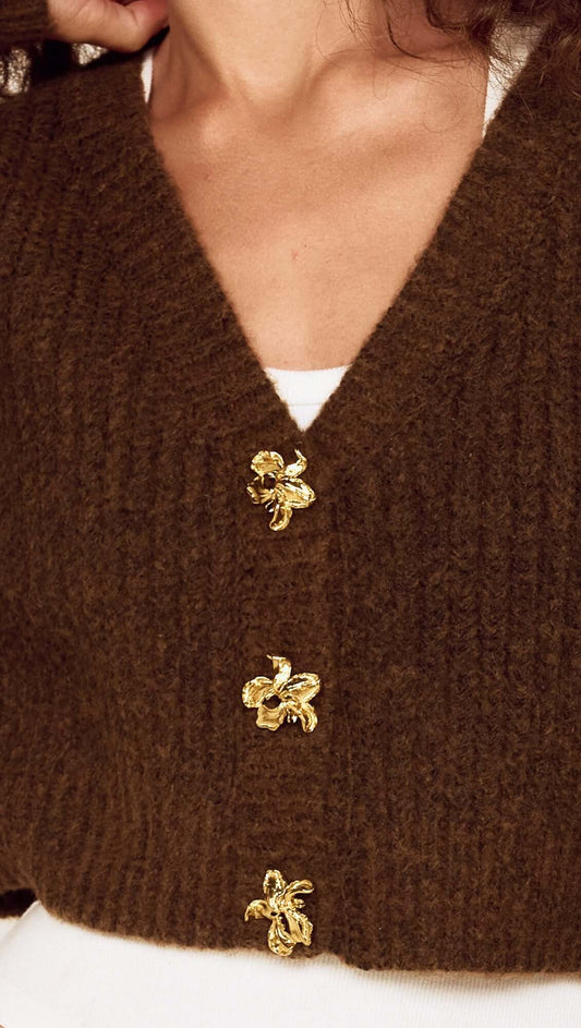 Brown Cropped Cardigan with Gold Button Detail
