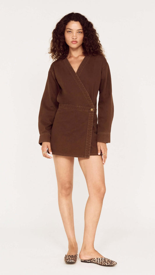 Brown Denim Wrap Mini Dress featuring long sleeves and a stylish button detail, perfect for casual outings.