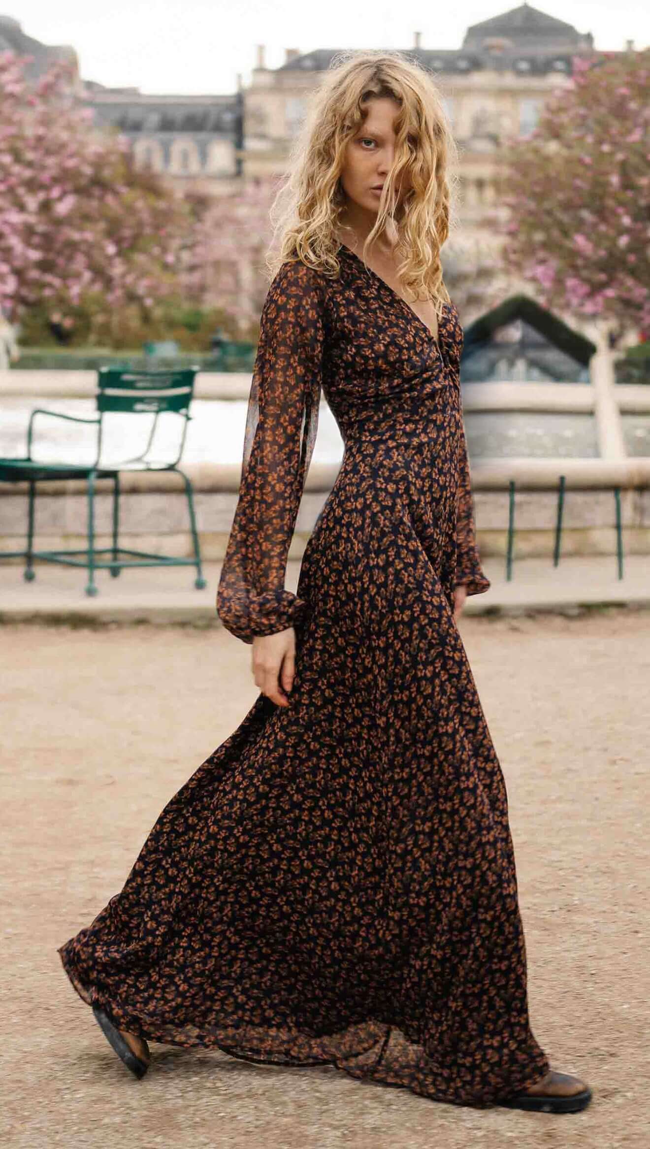 brown long sleeve dress Floral Drape Maxi 58219 - Sherri Hill 80% Sale 90% Nylon Pants Size:40 S