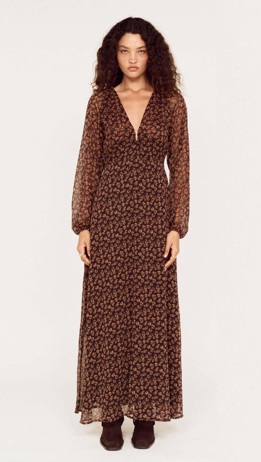 Brown Floral Drape Sleeve Maxi Dress featuring a feminine design and flowy silhouette, perfect for special occasions.