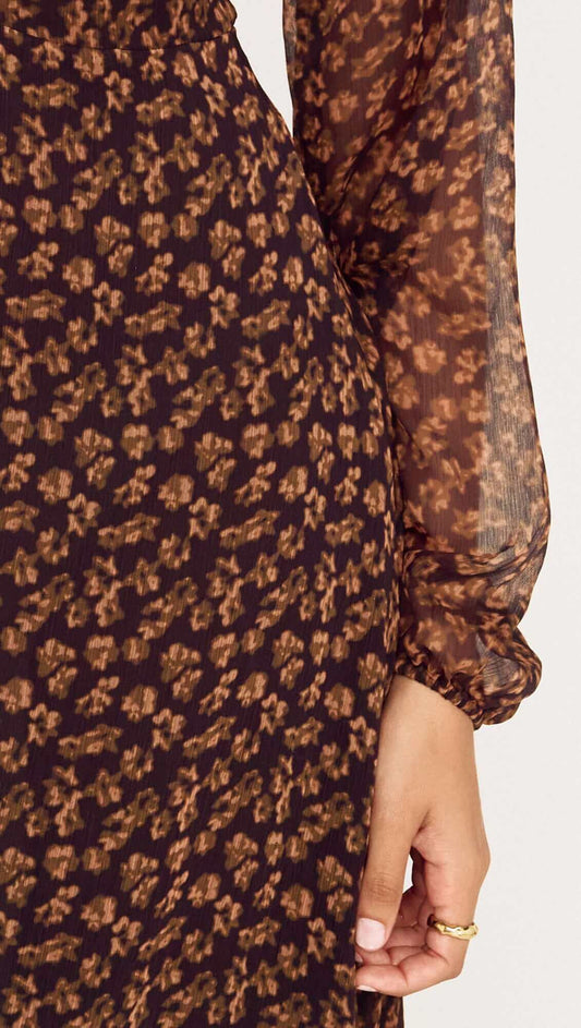 Brown Floral Drape Sleeve Maxi Dress