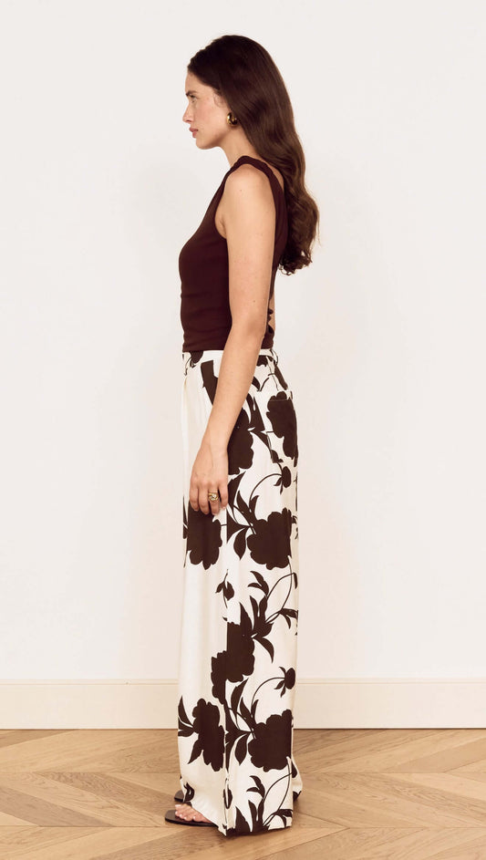 Model showcasing the Brown and Cream Floral Wide Leg Pant in a side profile view.