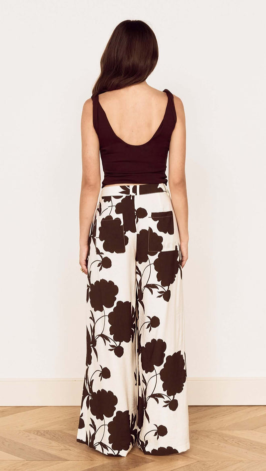 Back view of a model wearing Brown and Cream Floral Wide Leg Pant with a brown top, showcasing relaxed fit and floral print.