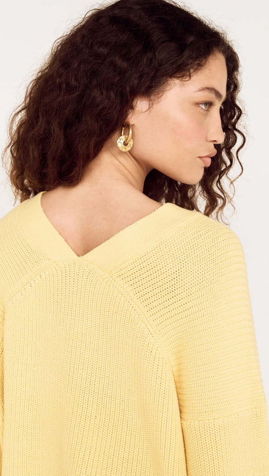 Butter Yellow Oversized Cardigan with Volume Sleeve shown on a model from the back, highlighting the soft knit and sleeve details.