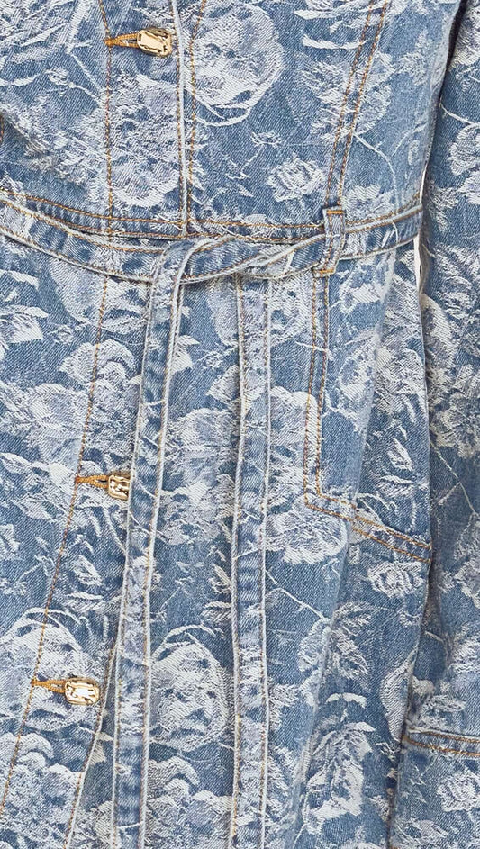 Button Through Floral Denim Dress with Tie Waist