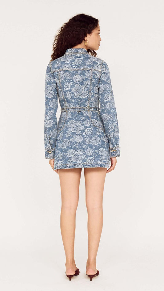Button Through Floral Denim Dress with Tie Waist