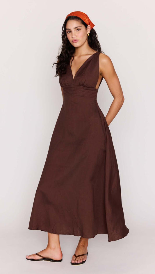 Chocolate Brown Linen Blend Maxi Dress worn by model, featuring a deep V neckline and a flowing design.