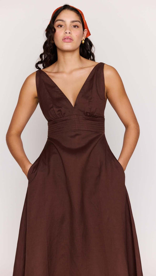 Chocolate Brown Linen Blend Maxi Dress featuring a deep V neckline and softly cinched waistline.