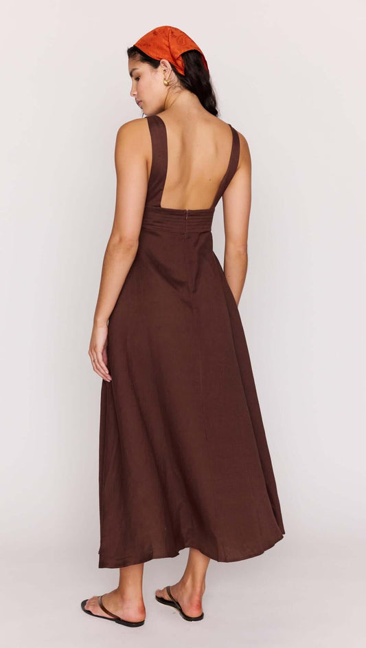 Model showcasing the back view of the Chocolate Brown Linen Blend Maxi Dress, featuring a deep V neckline and sleeveless design.