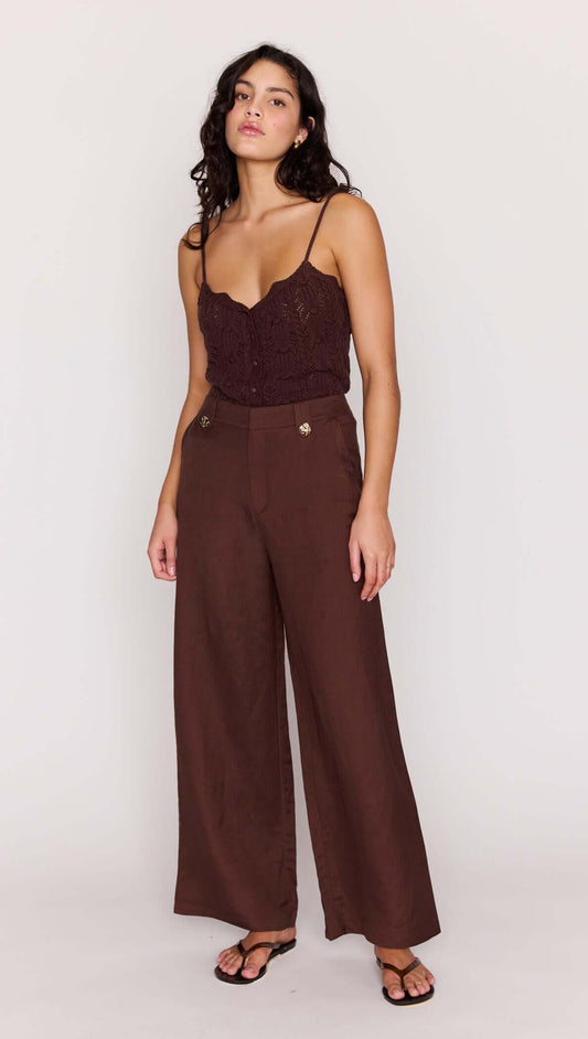 Model wearing Chocolate Brown Linen Blend Wide-Leg Pants with a lace top, showcasing a breezy summer outfit.