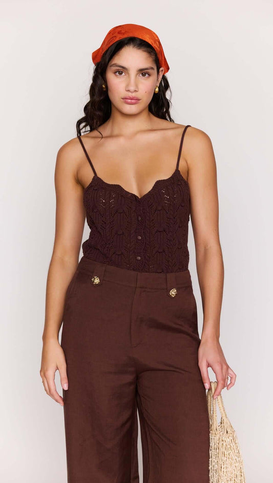 Model wearing Chocolate Brown Linen Blend Wide-Leg Pants with a knitted top and orange headband.