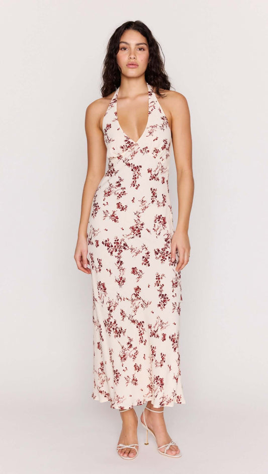Cream Floral Toile Halter Maxi Dress featuring a plunging neckline and delicate floral print on soft fabric.