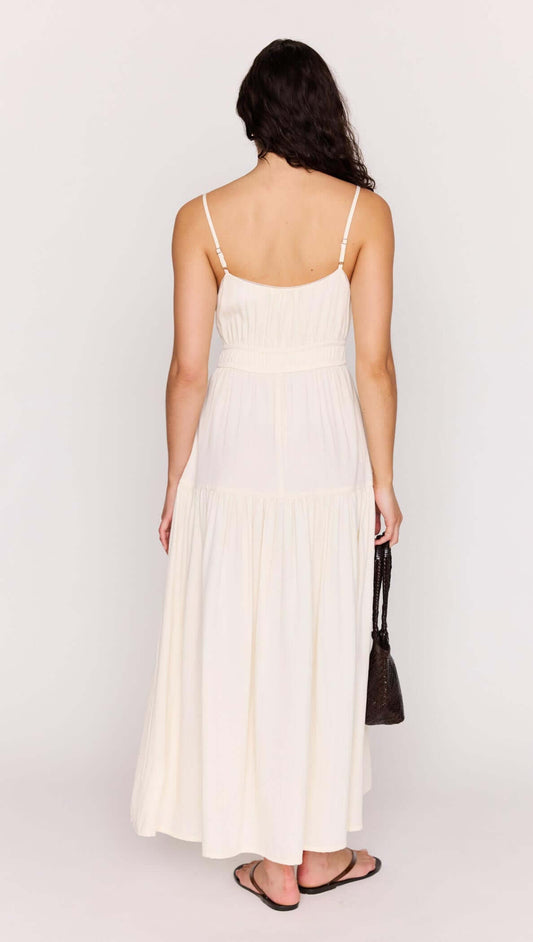 Back view of the Cream Tie Front Tiered Maxi Dress showcasing its flowing design and adjustable straps.