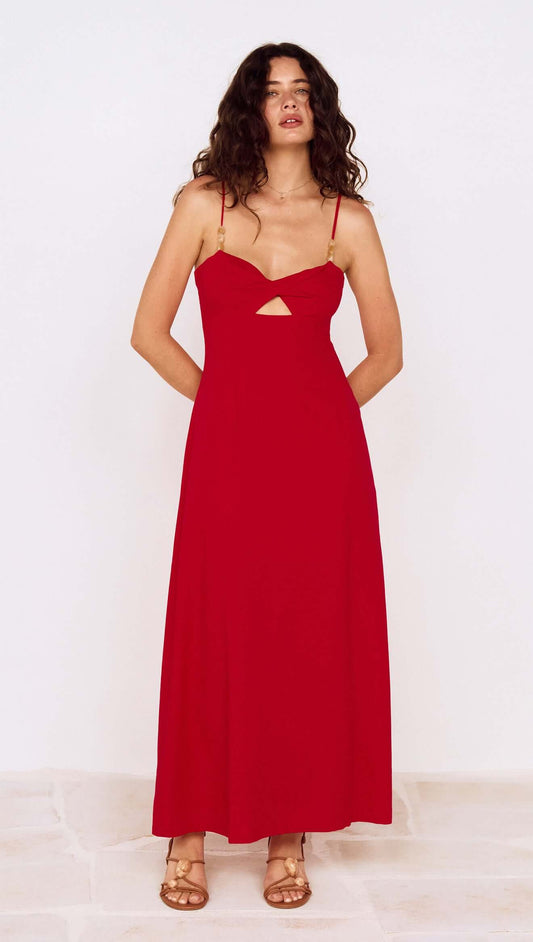 Deep Red Twist Front Maxi Dress featuring a unique cut-out design and adjustable straps for a stylish look.