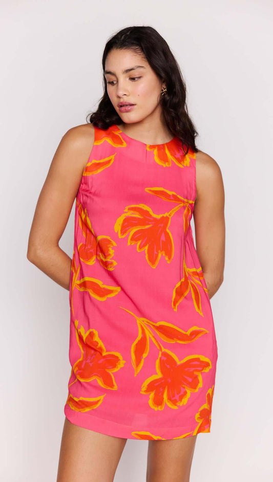 ELODIE SHIFT MINI DRESS featuring vibrant floral patterns in pink and orange shades.