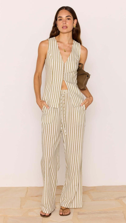 Olive & White Stripe Cotton Blend Relaxed Pant styled with matching vest for a chic summer look.