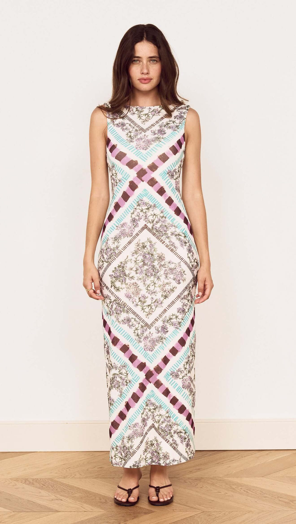 Floral Scarf Print Scoop Back Midi Dress displayed on a model featuring a vibrant scarf print and elegant silhouette.