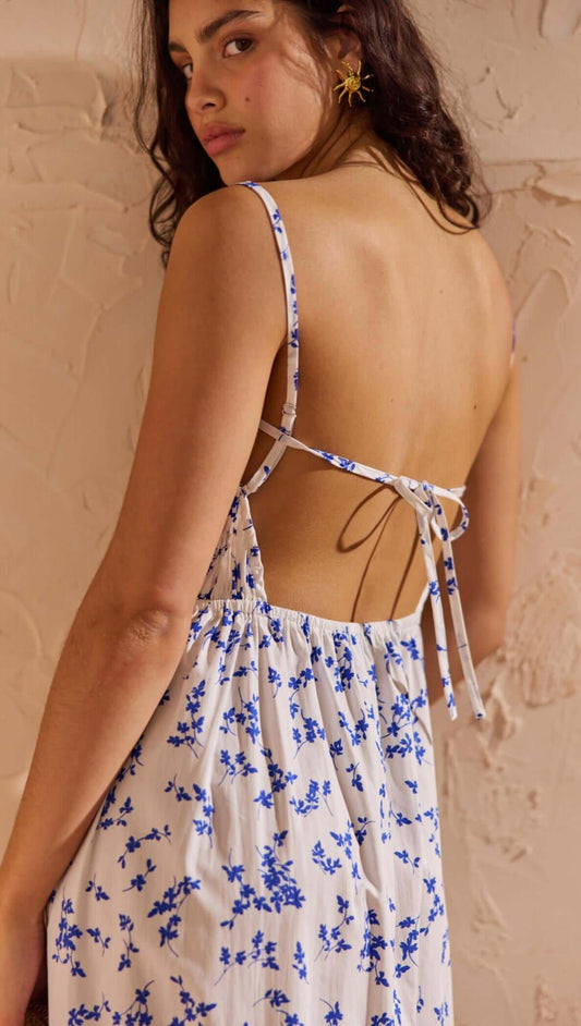 Blue Floral Cotton Backless Midi Dress showing back detail and floral pattern, perfect for warm weather styling.