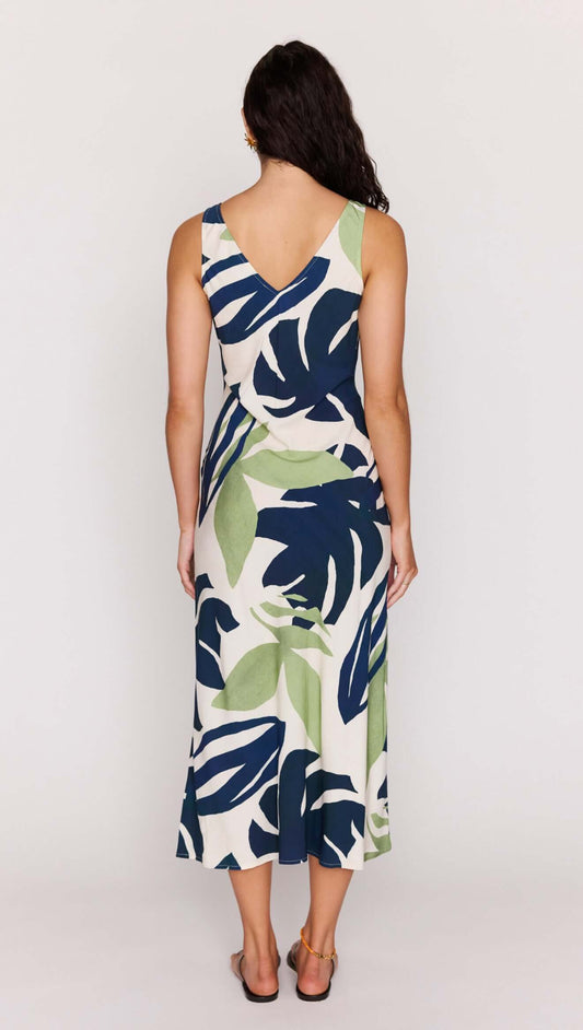 Back view of Leaf Print ECOVERO Tie Front Midi Dress featuring bold botanical print and adjustable tie detail.