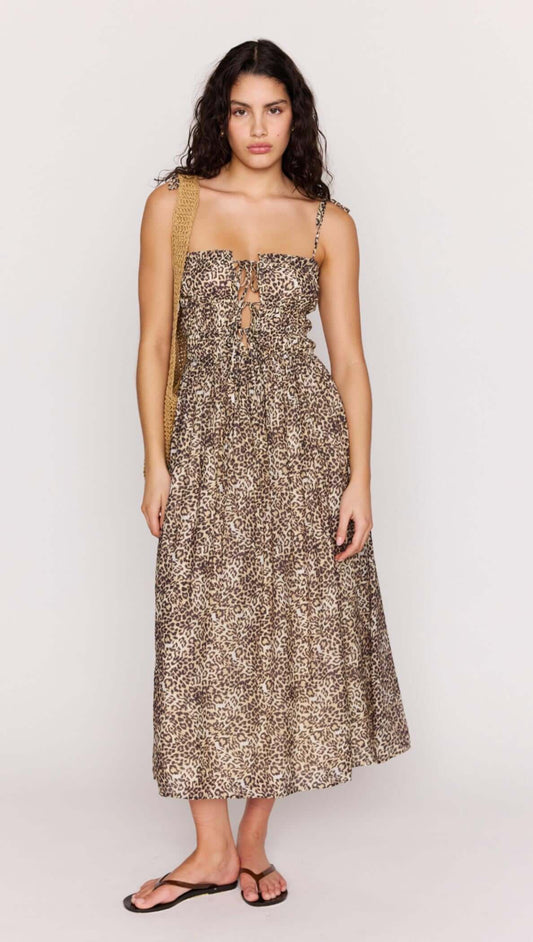 Leopard Tie Front Midi Dress featuring a soft leopard print and flattering silhouette perfect for summer.