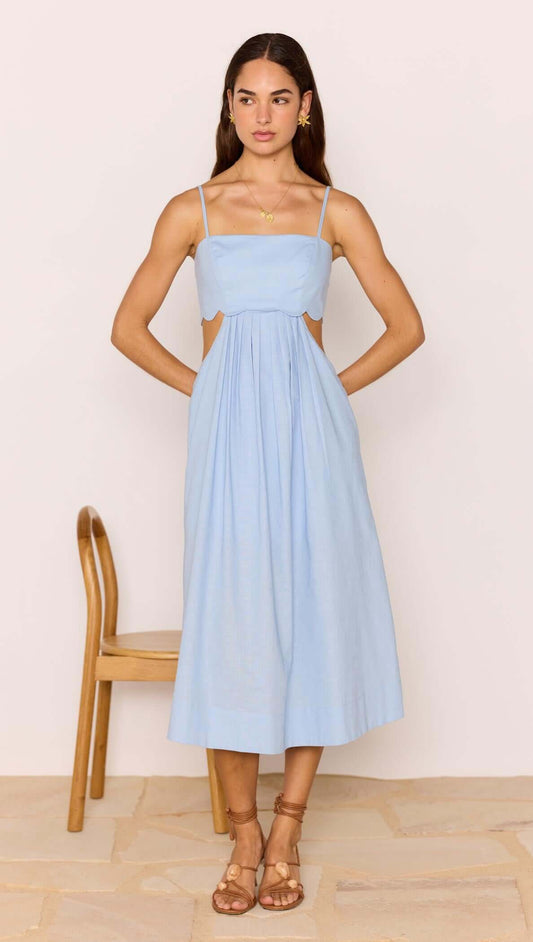 Cotton Linen Blend Blue Cut-Out Midi Dress featuring a fitted bodice and scalloped detailing, perfect for summer outings.