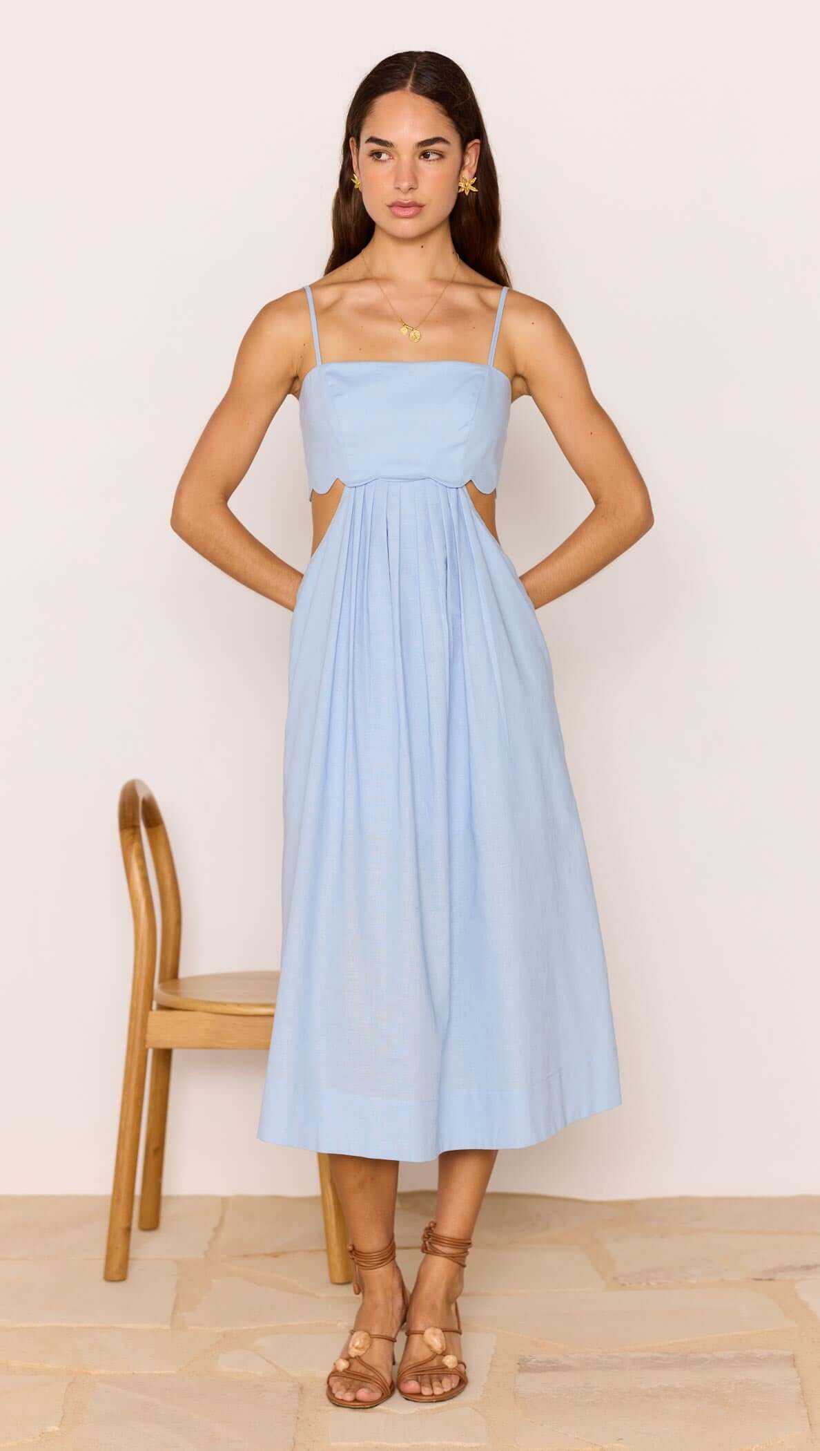 Cotton Linen Blend Blue Cut-Out Midi Dress featuring a fitted bodice and scalloped detailing, perfect for summer outings.