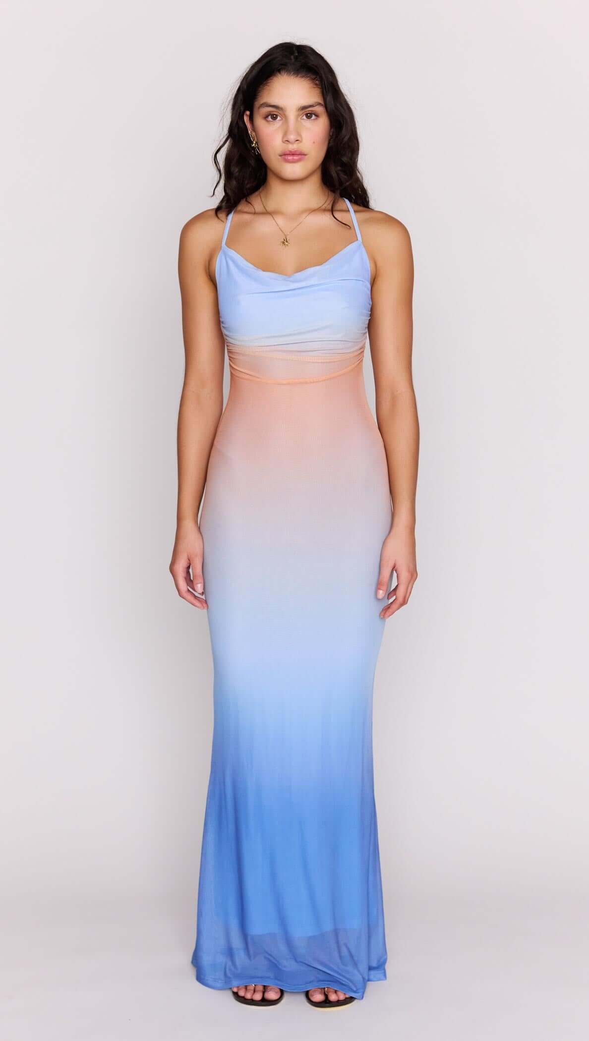 Ombre Cowl Neck Mesh Maxi Dress with a stunning blue to peach gradient design, perfect for summer events.