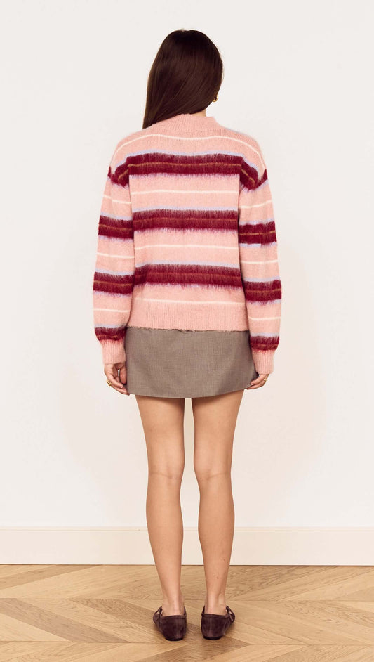 Back view of the Aspen Pink Brushed Stripe Crew Neck Sweater with pink and wine stripes.