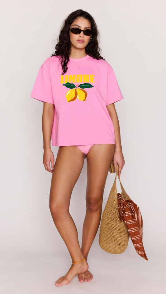 Pink Citrus Print Relaxed Oversized Cotton Tee paired with swimwear, showcasing a bold lemon graphic for summer vibes.