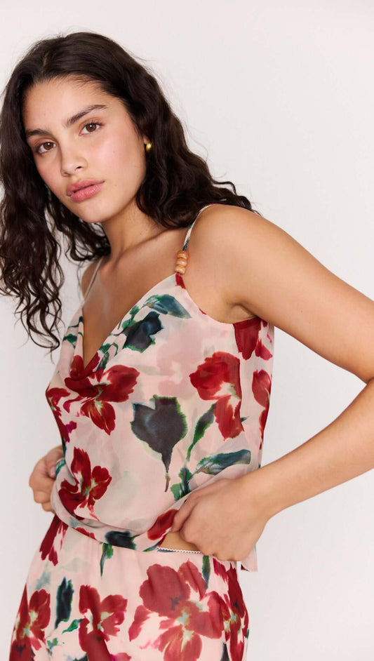 Pink Floral Cowl Neck Cami Top featuring a floral design and a delicate V-neckline, perfect for any occasion.