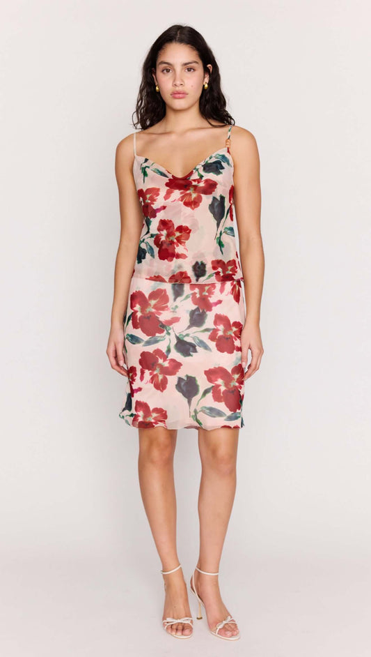 Pink Floral Cowl Neck Cami Top worn with matching Arabella Bias Slip Skirt featuring a floral print.