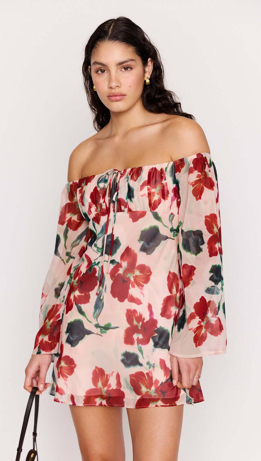 Pink Floral Off Shoulder Dress worn by a model, featuring a soft floral print and off-the-shoulder neckline.