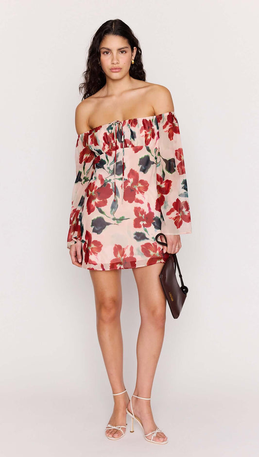 Model wearing a Pink Floral Off Shoulder Dress featuring a relaxed fit and floral print.