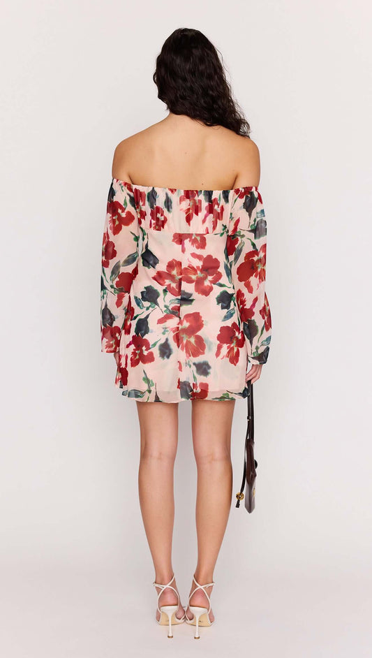 Back view of a woman wearing a Pink Floral Off Shoulder Dress with long sleeves and floral pattern.