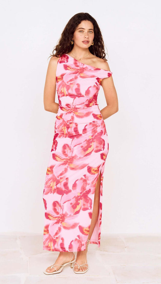 Pink Floral Off-Shoulder Mesh Midi Dress worn by a model, showcasing its vibrant floral design and elegant silhouette.