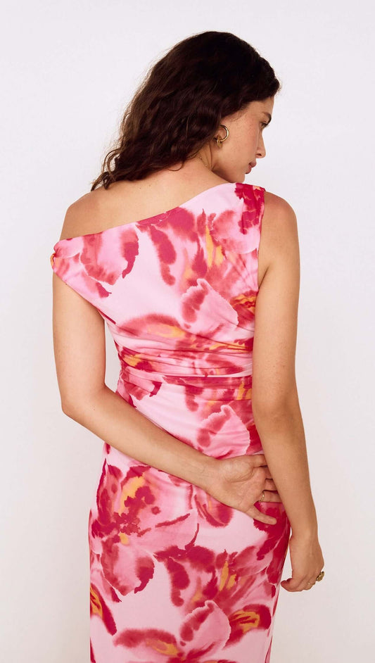 Pink Floral Off-Shoulder Mesh Midi Dress featuring a back view with vibrant floral patterns and elegant silhouette.