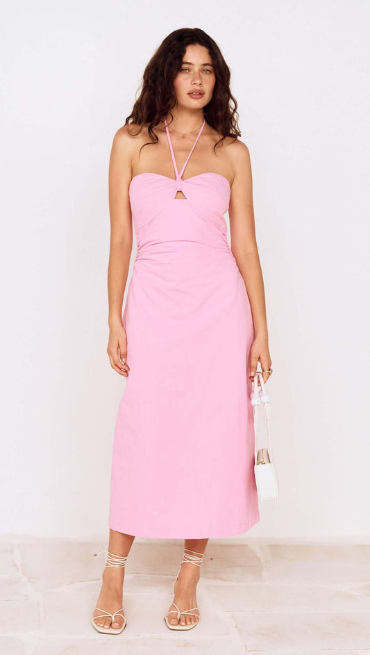 Pink Keyhole Detail Halter Neck Midi Dress worn by a model, showcasing its stylish design and elegant silhouette.