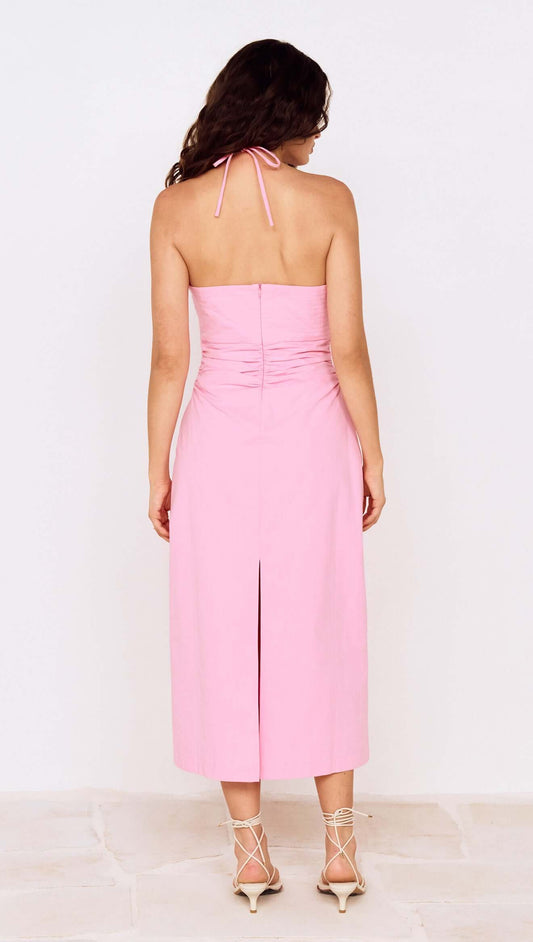 Back view of a Pink Keyhole Detail Halter Neck Midi Dress showcasing its elegant design and flattering fit.