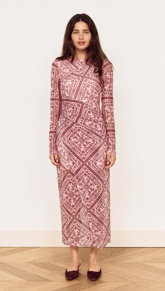 Pink Paisley Long Sleeve Mesh Midi Dress on a model showcasing its sleek, body-skimming design and exclusive paisley print.
