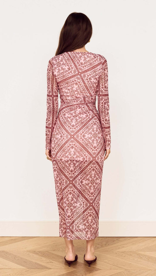 Pink Paisley Long Sleeve Mesh Midi Dress showcased from the back, highlighting the elegant design and silhouette.