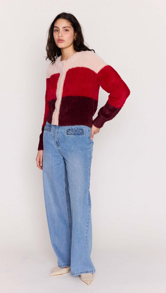 Red Colour Block Fluffy Cardigan worn by a model, showcasing bold colour-blocking design and soft texture.