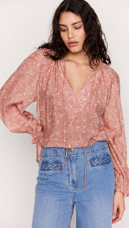 Red Floral Peasant Blouse featuring billowed sleeves and a vintage-inspired floral print on a silky fabric.