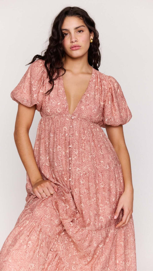 Red Floral Puff Sleeve Maxi Dress showcased on model with soft puff sleeves and deep V neckline, highlighting a relaxed fit.