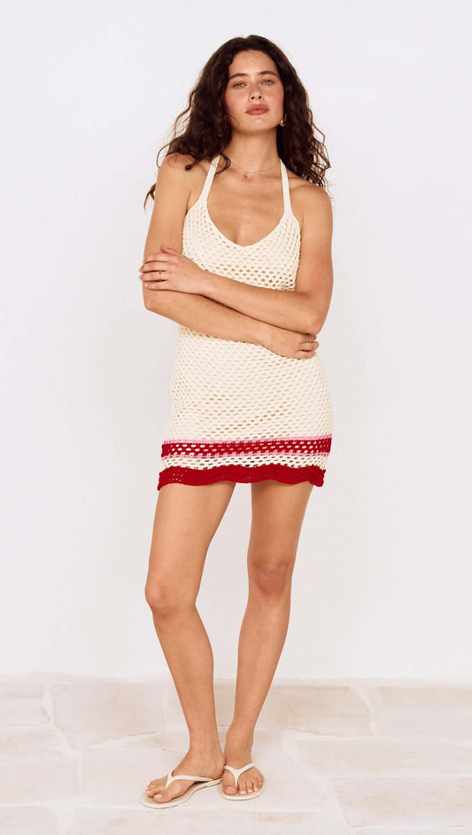 Red Stripe Crochet Halter Mini Dress worn by model, showcasing a summer-ready playful style in crochet fabric.