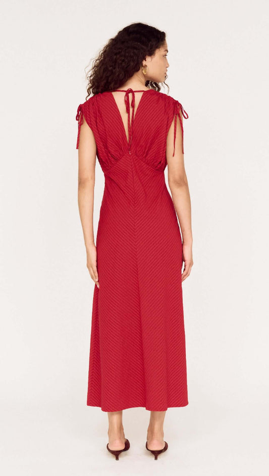 Back view of the Red Stripe V-Neck Midi Dress with Gathered Shoulder showcasing gathered shoulder details.