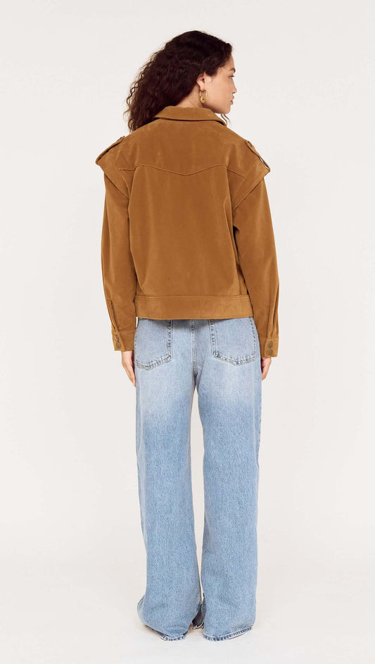 Back view of a woman wearing a Relaxed Fit Faux Suede Jacket with wide-leg jeans.