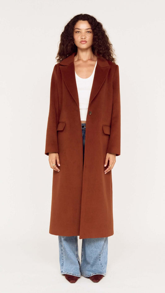 Soft Touch Tailored Coat in Chocolate worn by a model, featuring a classic design and elegant silhouette.