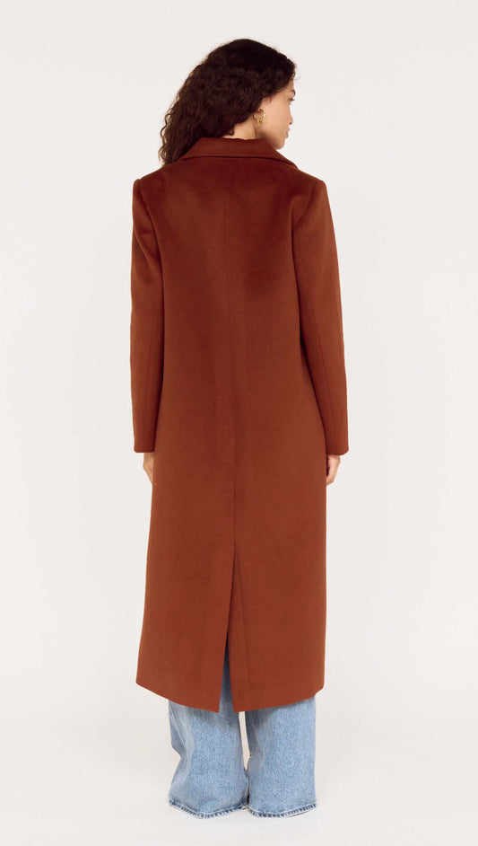 Back view of Soft Touch Tailored Coat in Chocolate worn over denim for a stylish cold-weather look.