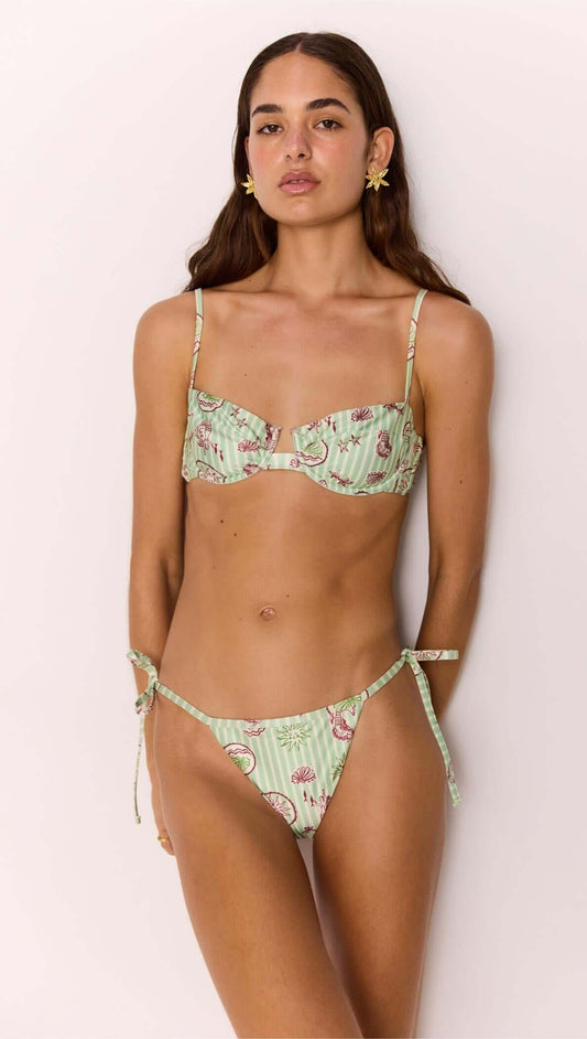 Green Stripe Printed Cheeky Tie Bikini Bottoms displayed on a model, featuring tie sides and cheeky coverage.
