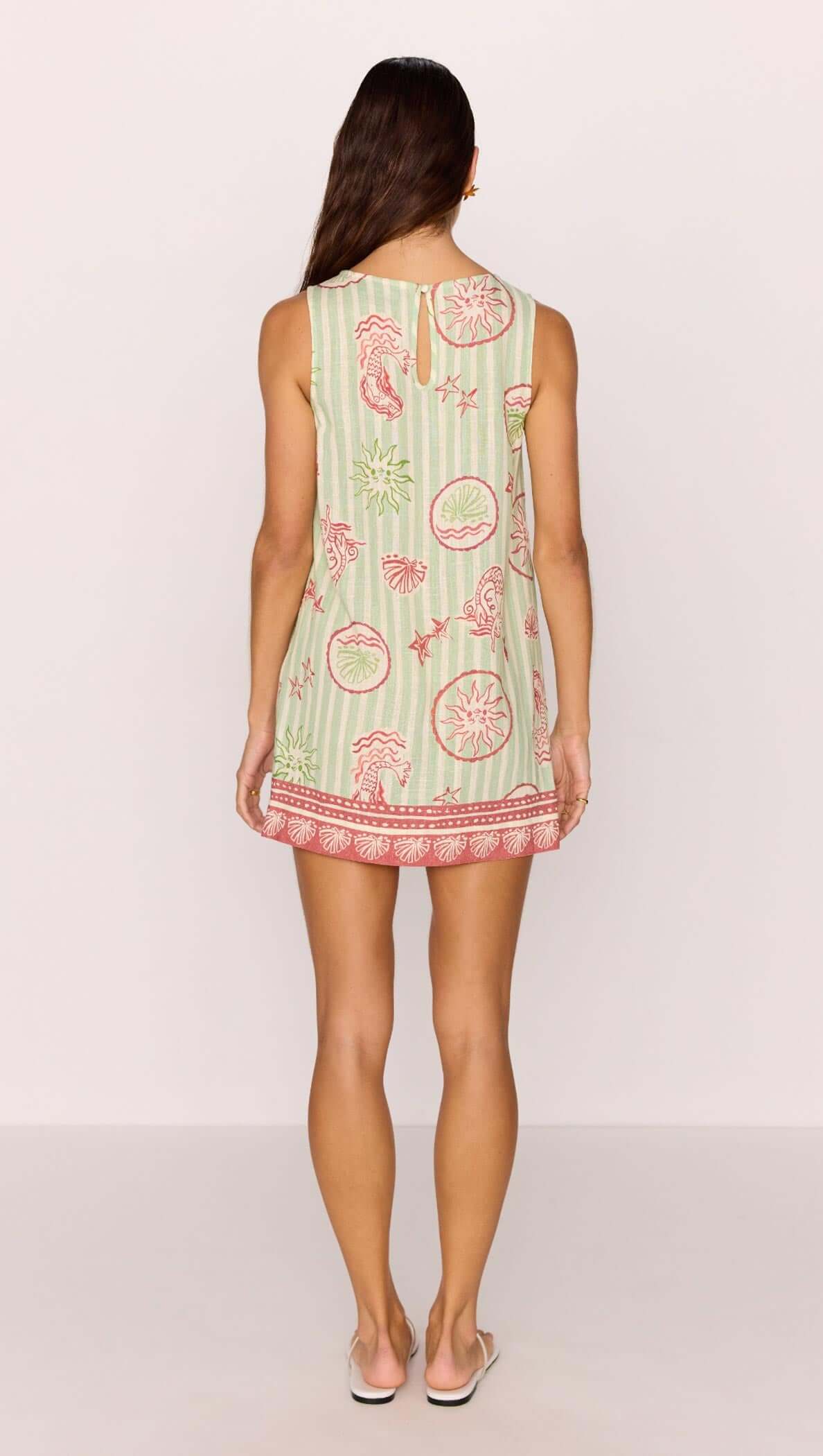 Linen Blend Green Stripe Printed Shift Mini Dress showcasing back view with coastal motif print.